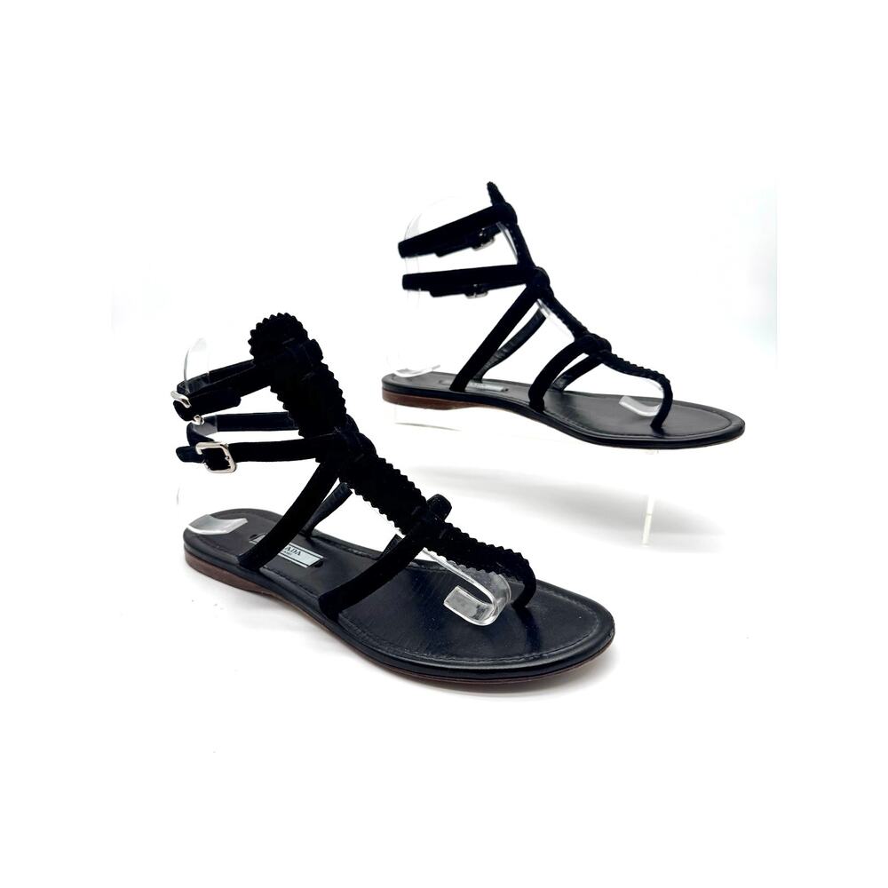 Prada Black Leather T Strap Flat Sandals Ruffled Trim Ankle Buckle EU 38 - Picture 12 of 12